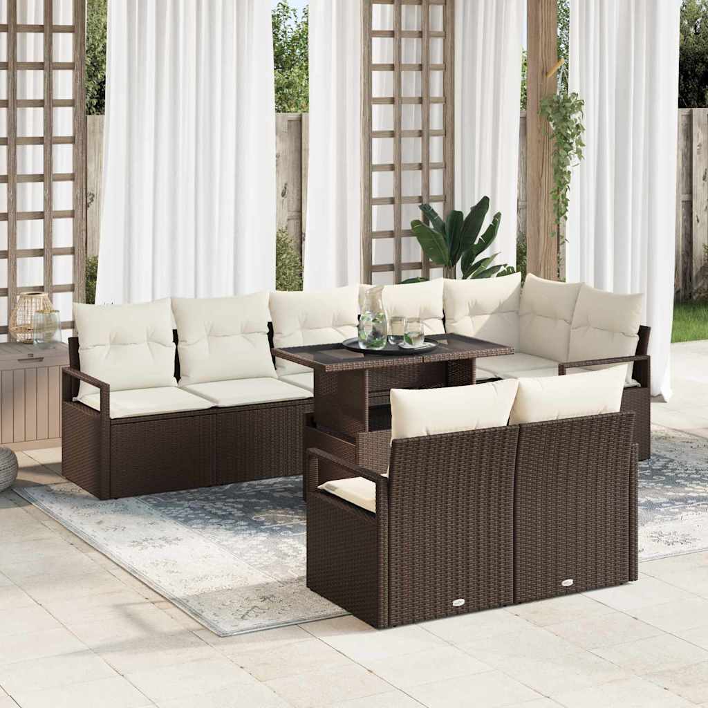Havesofa Sæt med pude 9 pcs Brun og cremefarvet polyrattan