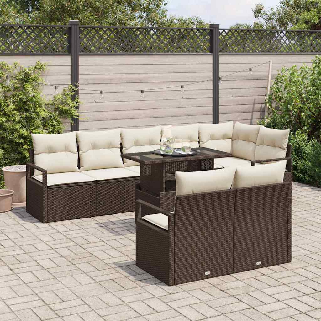 Havesofa Sæt med pude 9 pcs Brun og cremefarvet polyrattan