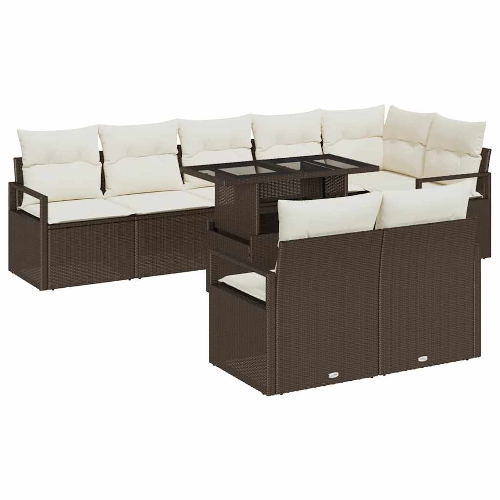 Havesofa Sæt med pude 9 pcs Brun og cremefarvet polyrattan