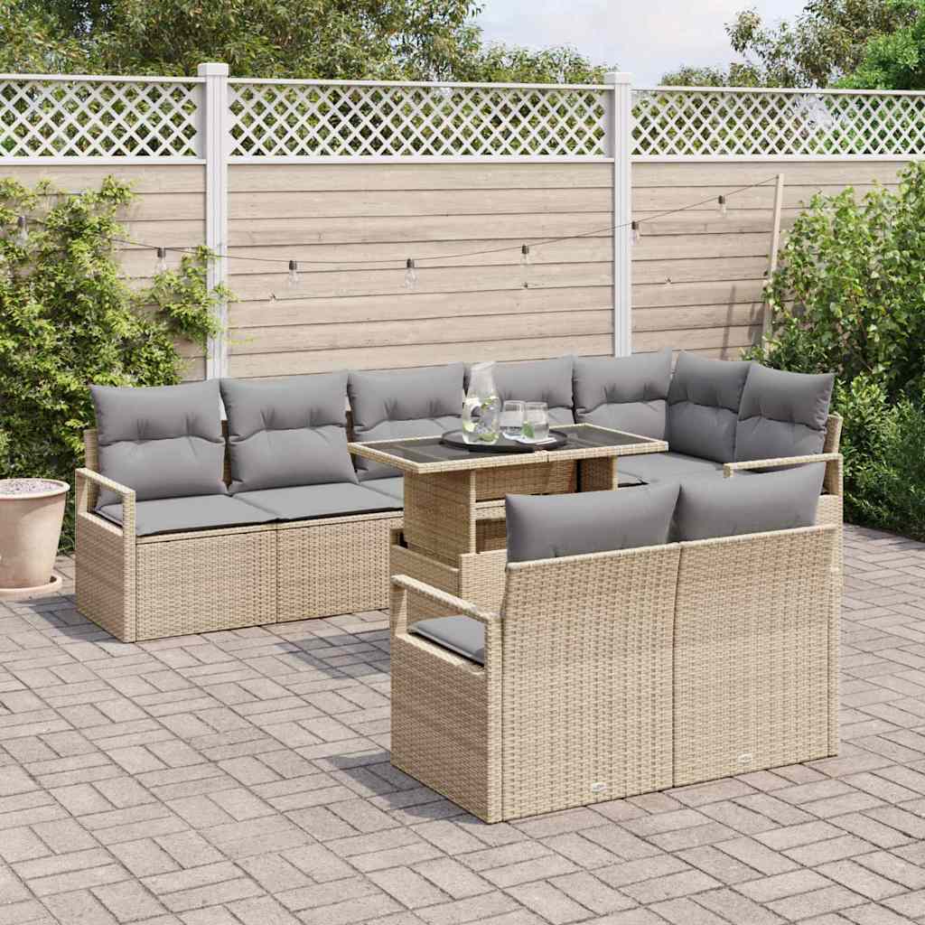 Havesofa Sæt med pude 9 pcs beige og lysegrå polyrattan