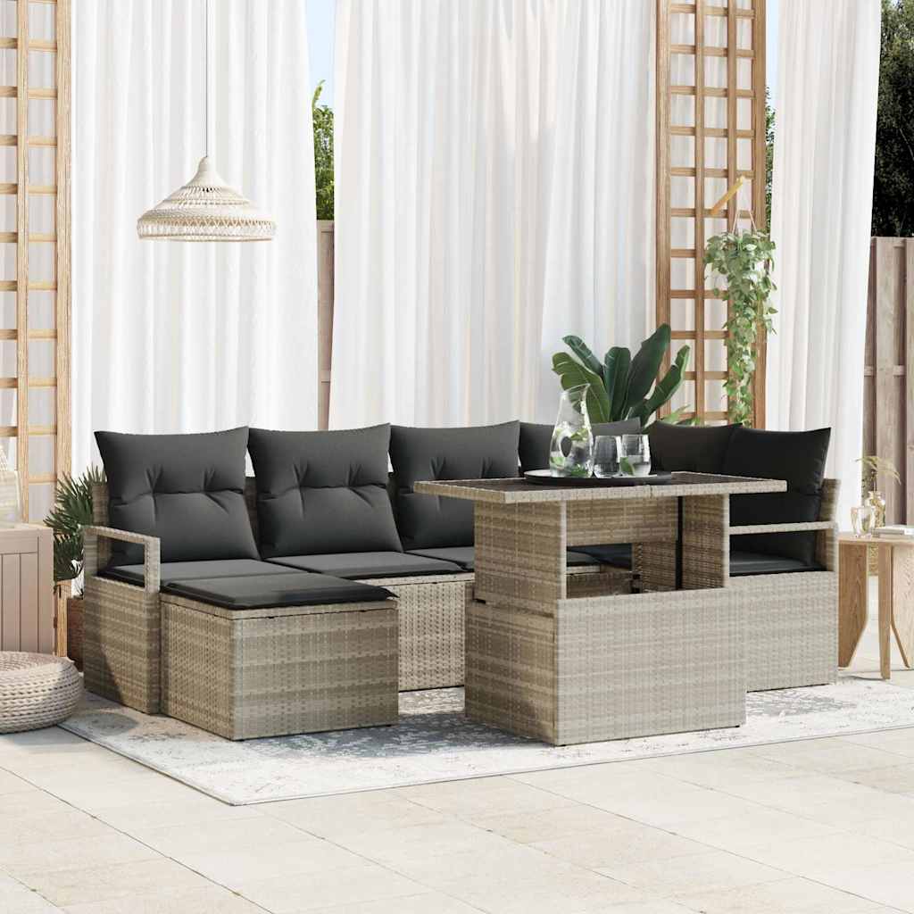 Havesofa Sæt 7 pcs Lysegrå Polyrattan og pulverlakeret stål