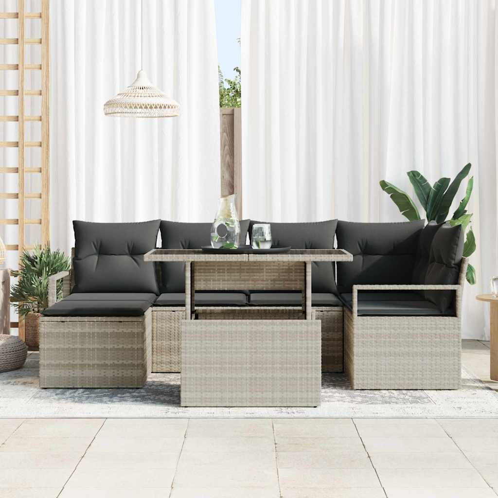 Havesofa Sæt 7 pcs Lysegrå Polyrattan og pulverlakeret stål