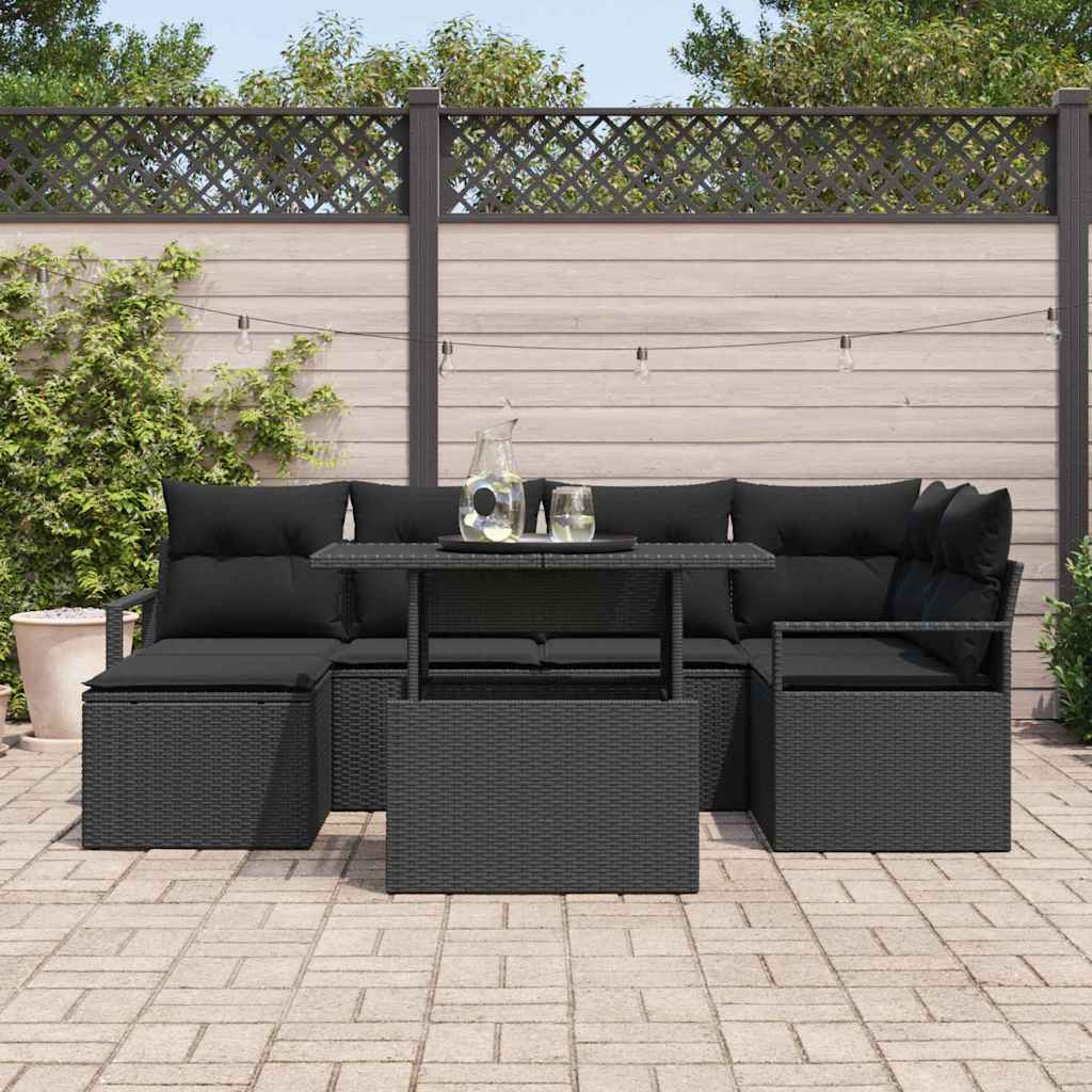 Havesofa Sæt 7 pcs Sort Polyrattan og pulverlakeret stål