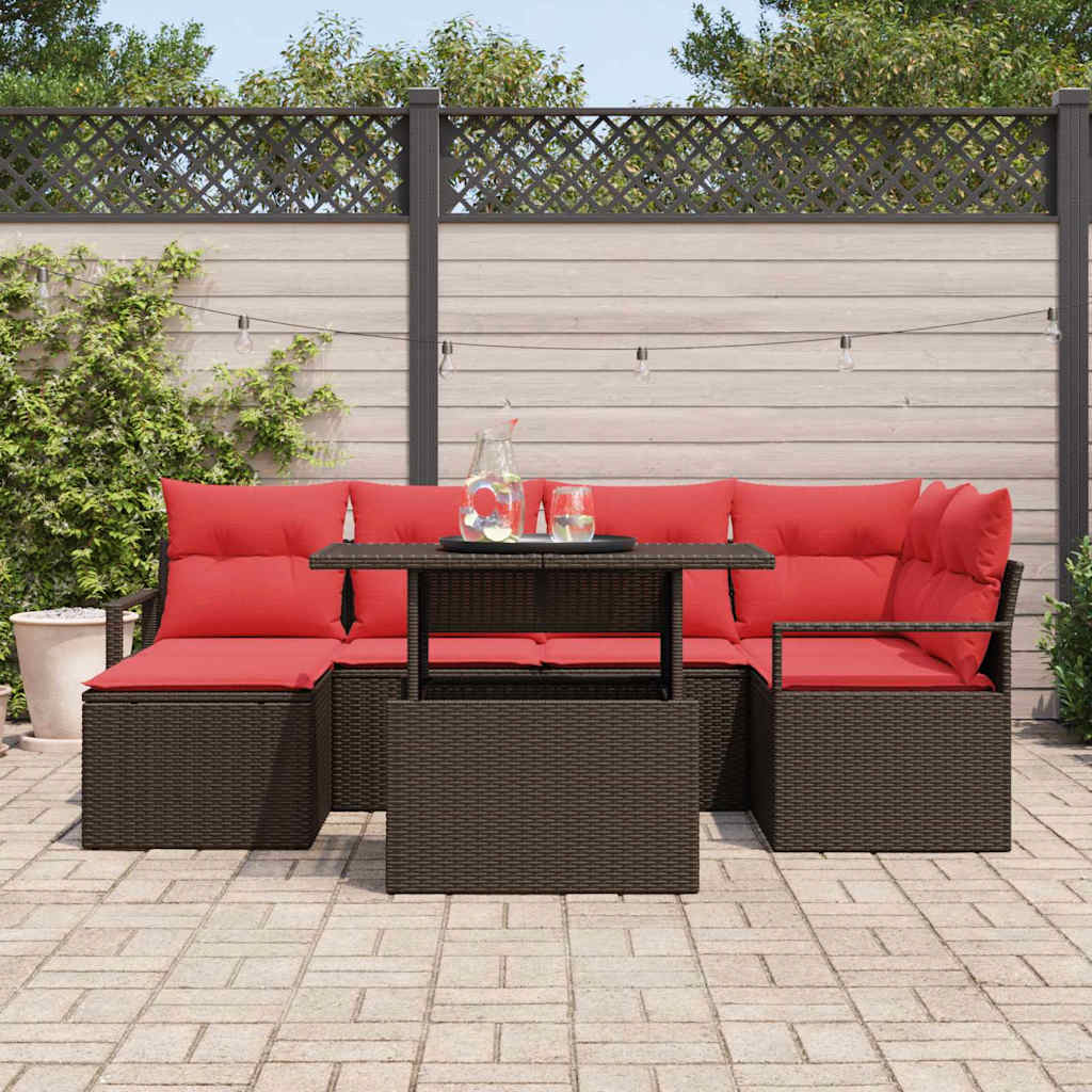 Havesofa Sæt med opbevaring 7 pcs Brun og Rød Poly rattan