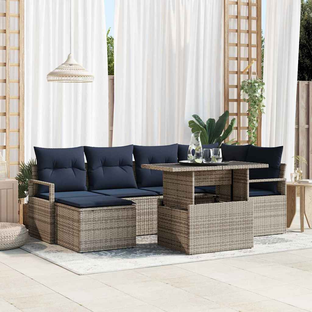Havesofa Sæt med opbevaring 7 pcs Grå og Marineblå Poly rattan
