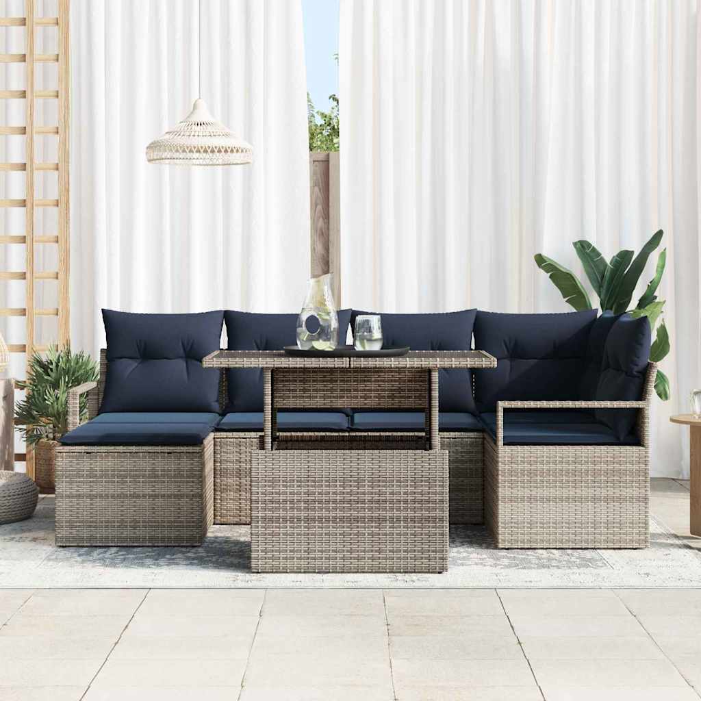 Havesofa Sæt med opbevaring 7 pcs Grå og Marineblå Poly rattan