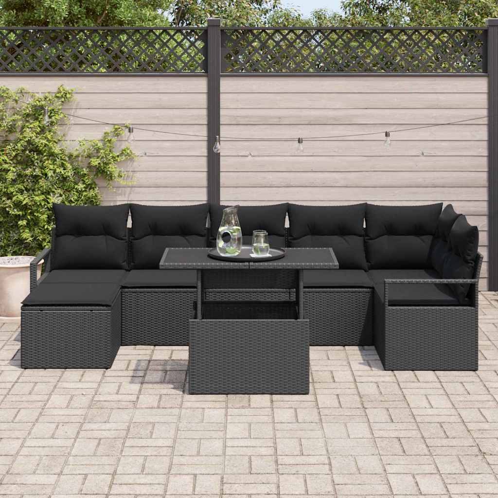 Havesofa Sæt med opbevaring 8 pcs Sort polyrattan