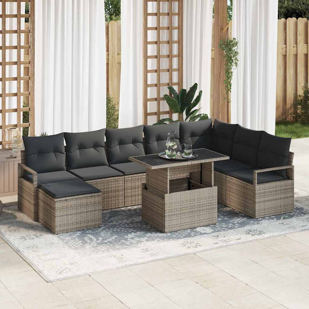 Havesofa Sæt 9 pcs Grå Polyrattan og pulverlakeret stål