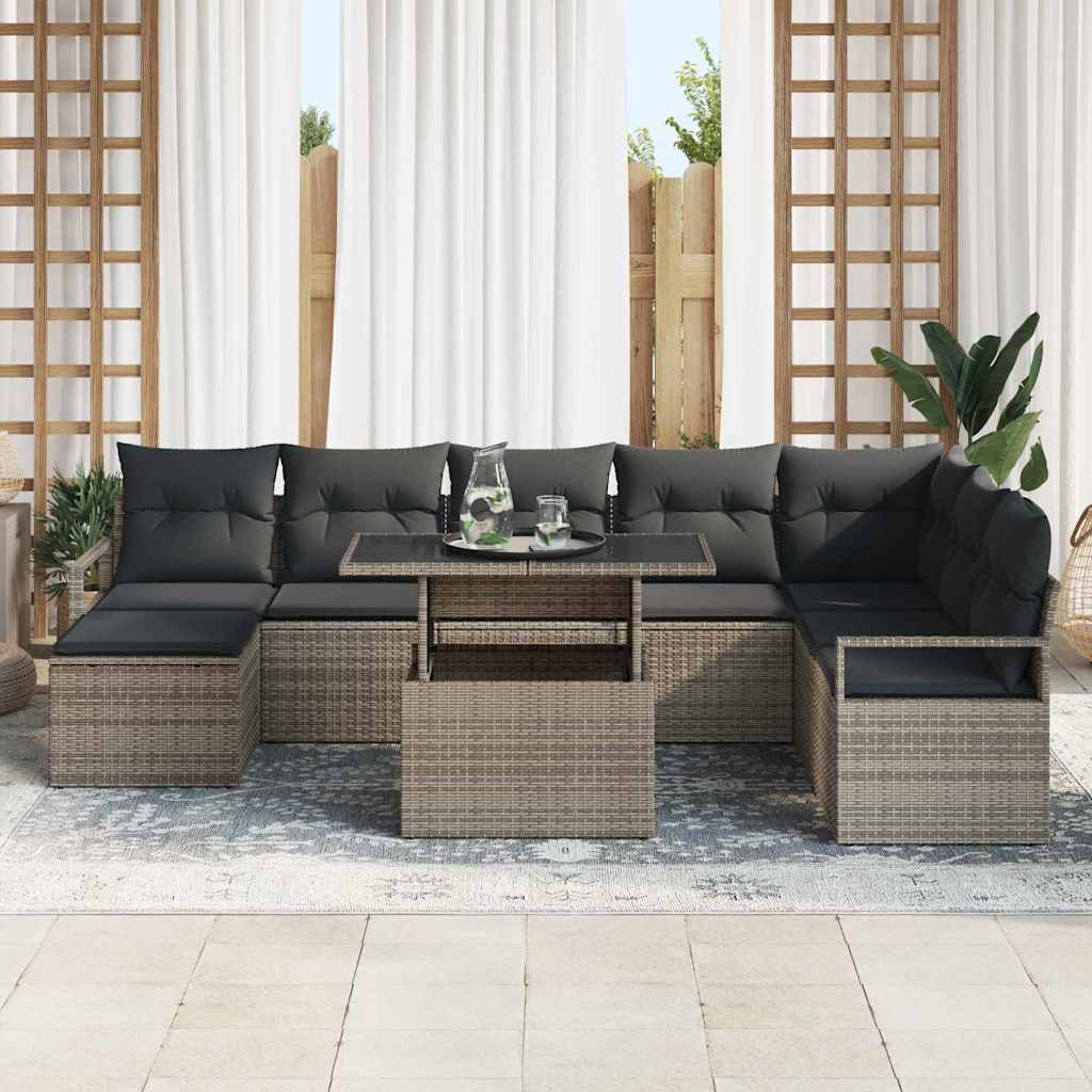Havesofa Sæt 9 pcs Grå Polyrattan og pulverlakeret stål