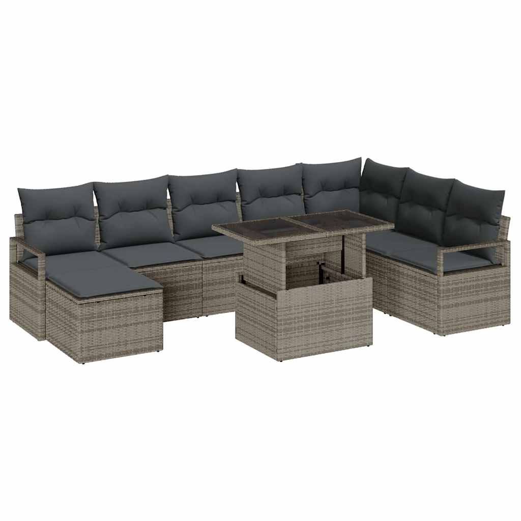 Havesofa Sæt 9 pcs Grå Polyrattan og pulverlakeret stål