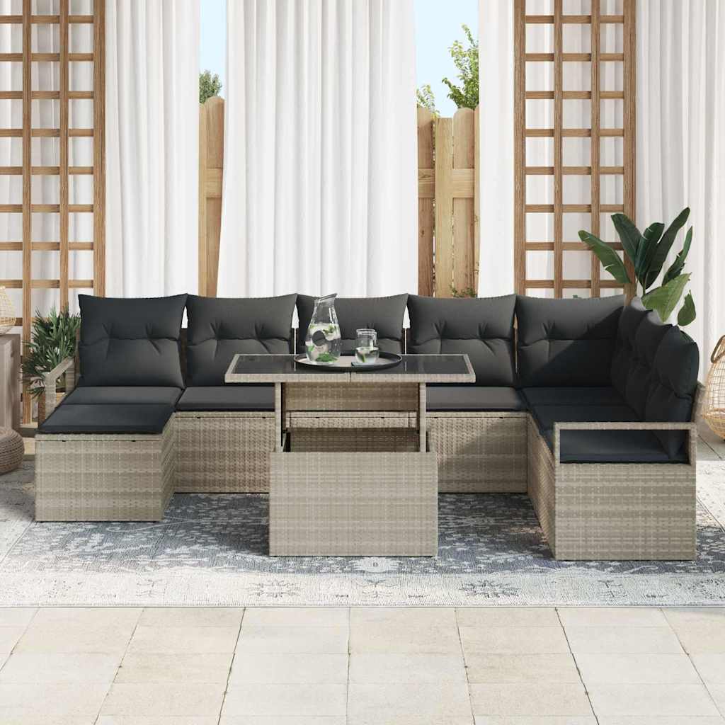 Havesofa Sæt 9 pcs Lysegrå Polyrattan og pulverlakeret stål