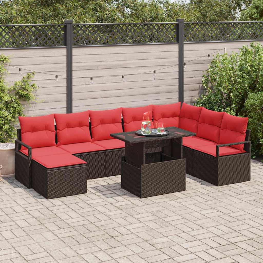 Havesofa Sæt med pude 9 pcs Brun og Rød polyrattan