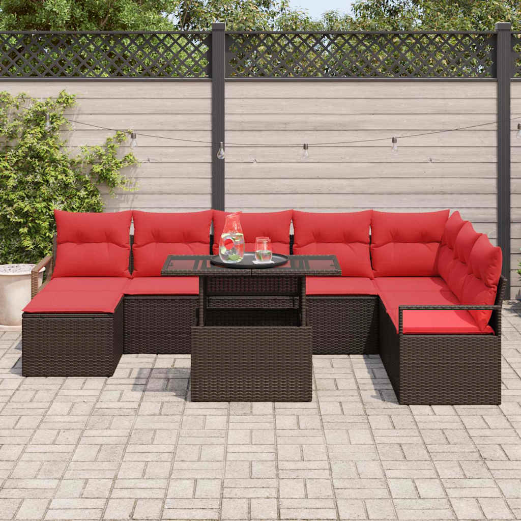 Havesofa Sæt med pude 9 pcs Brun og Rød polyrattan
