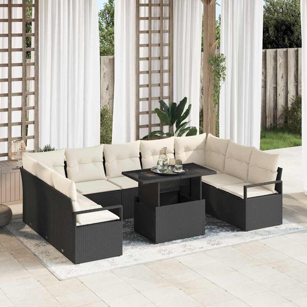 Havesofa Sæt med pude 10 pcs Sort og cremefarvet polyrattan