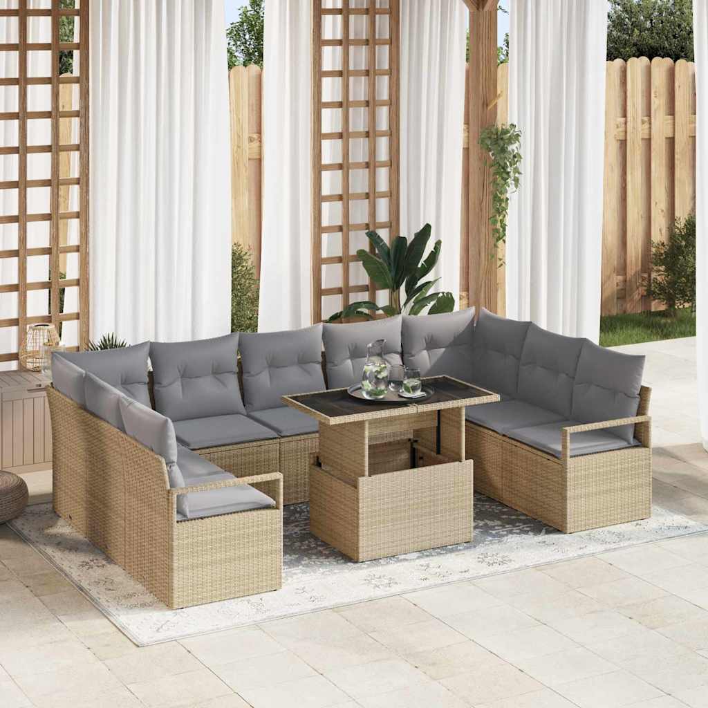 Havesofa Sæt med pude 10 pcs beige og lysegrå polyrattan