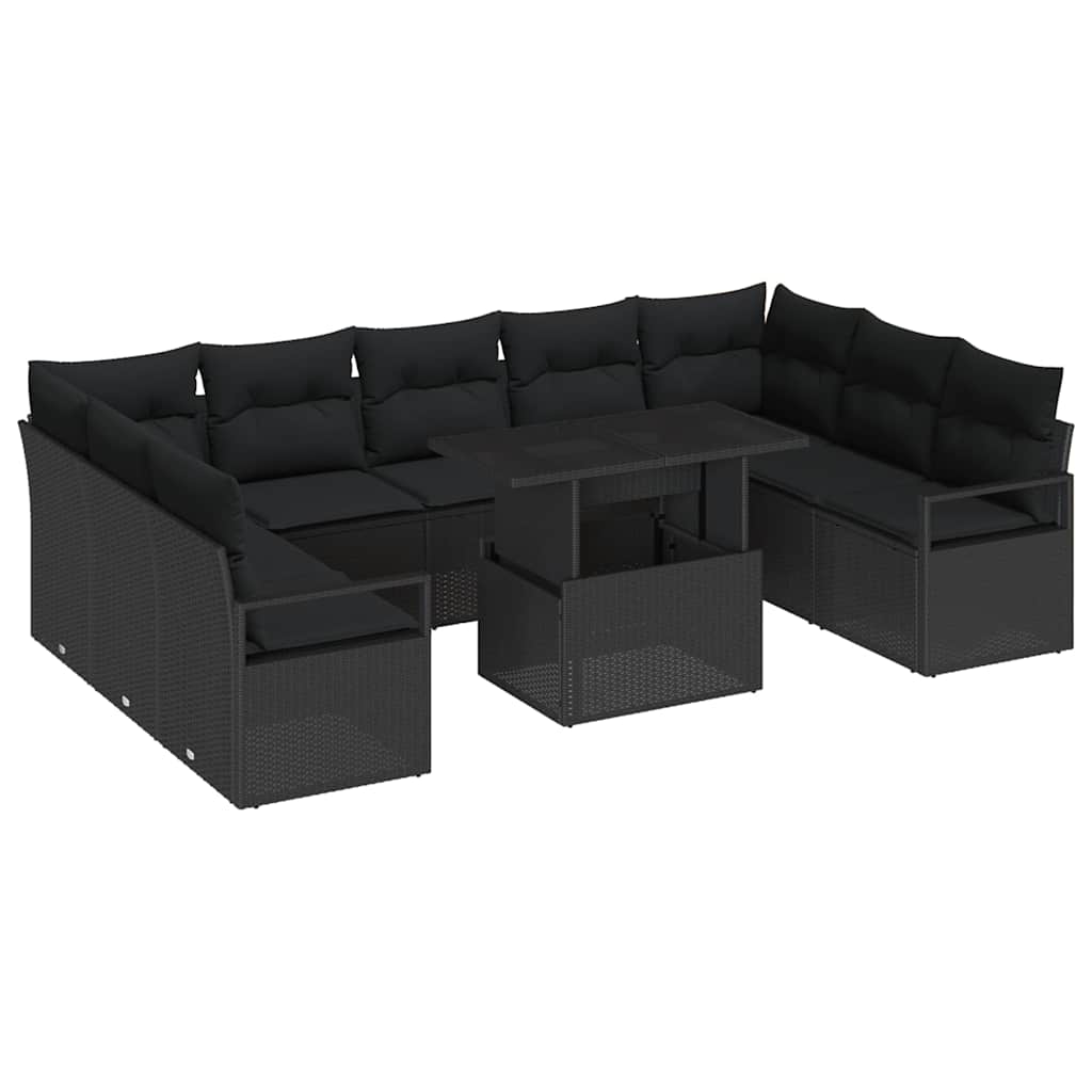 Havesofa Sæt med pude 10 pcs Sort polyrattan
