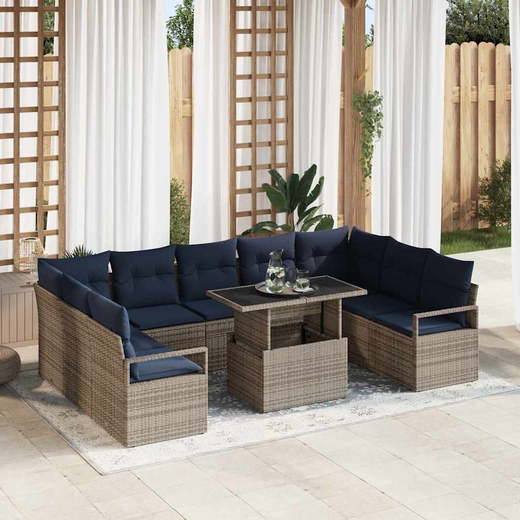 Havesofa Sæt med opbevaring 10 pcs Grå og Marineblå Poly rattan
