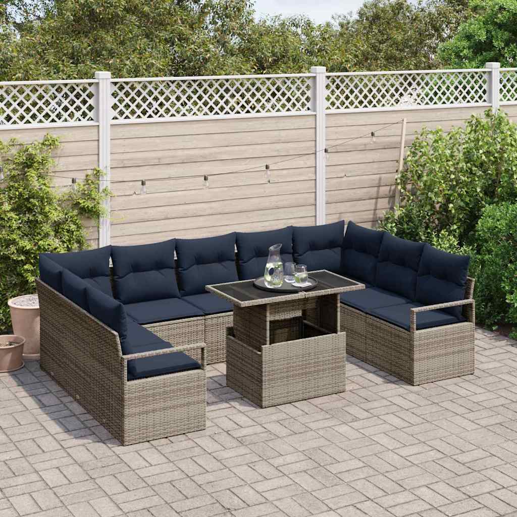 Havesofa Sæt med opbevaring 10 pcs Grå og Marineblå Poly rattan