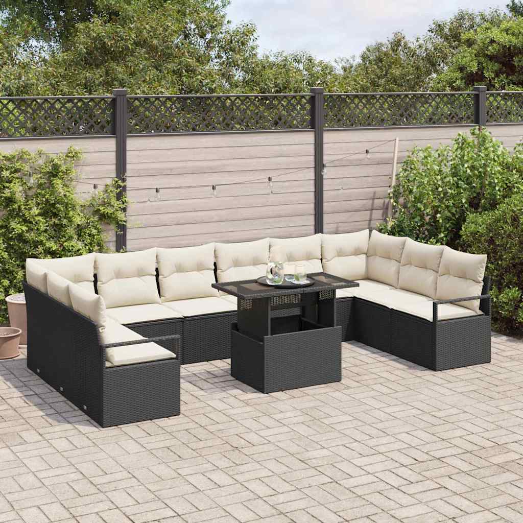 Havesofa Sæt med pude 11 pcs Sort og cremefarvet polyrattan