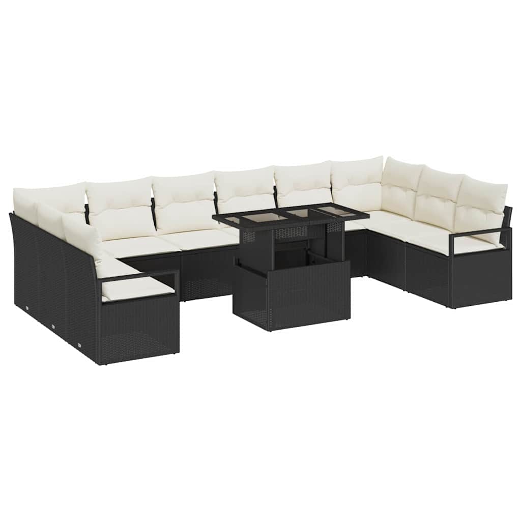 Havesofa Sæt med pude 11 pcs Sort og cremefarvet polyrattan