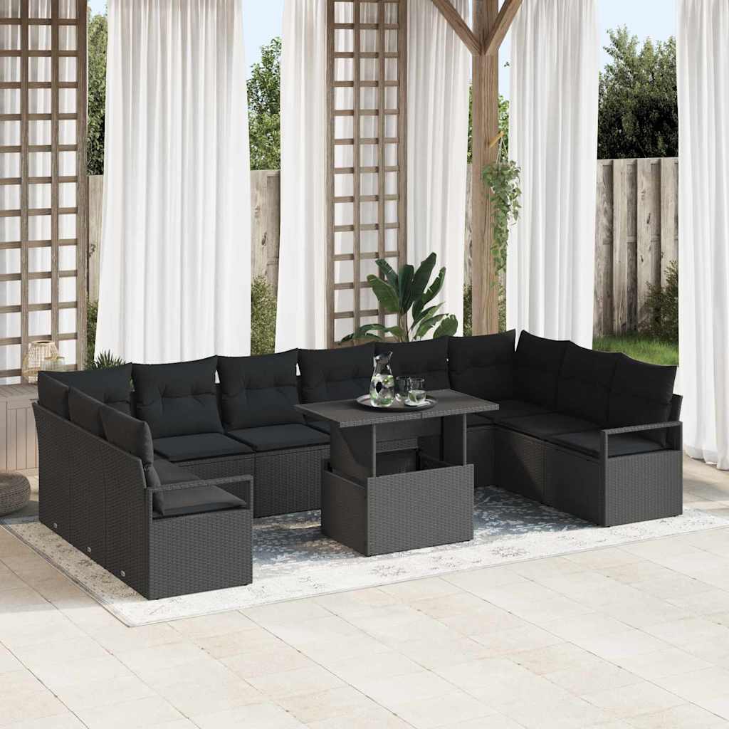 Havesofa Sæt med pude 11 pcs Sort polyrattan