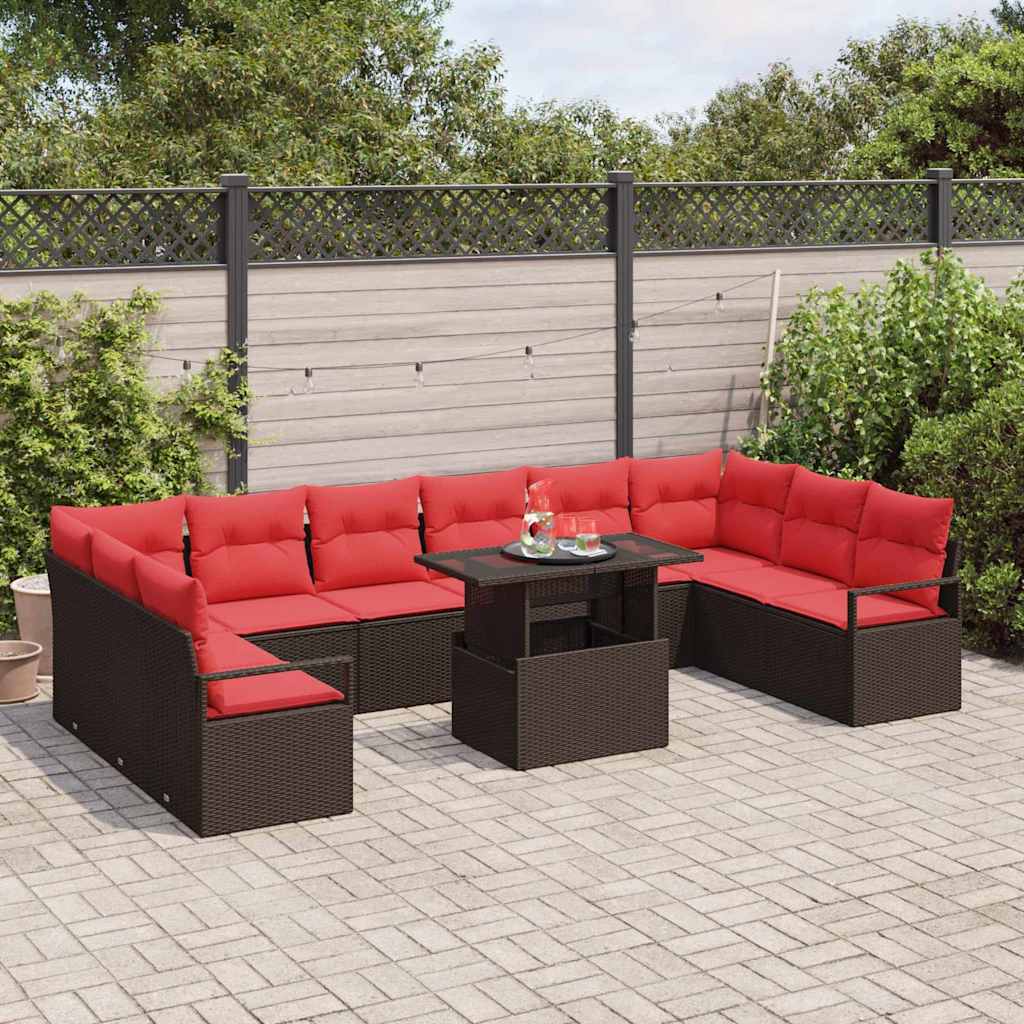 Havesofa Sæt med pude 11 pcs Brun og Rød polyrattan