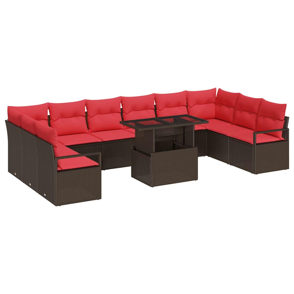 Havesofa Sæt med pude 11 pcs Brun og Rød polyrattan