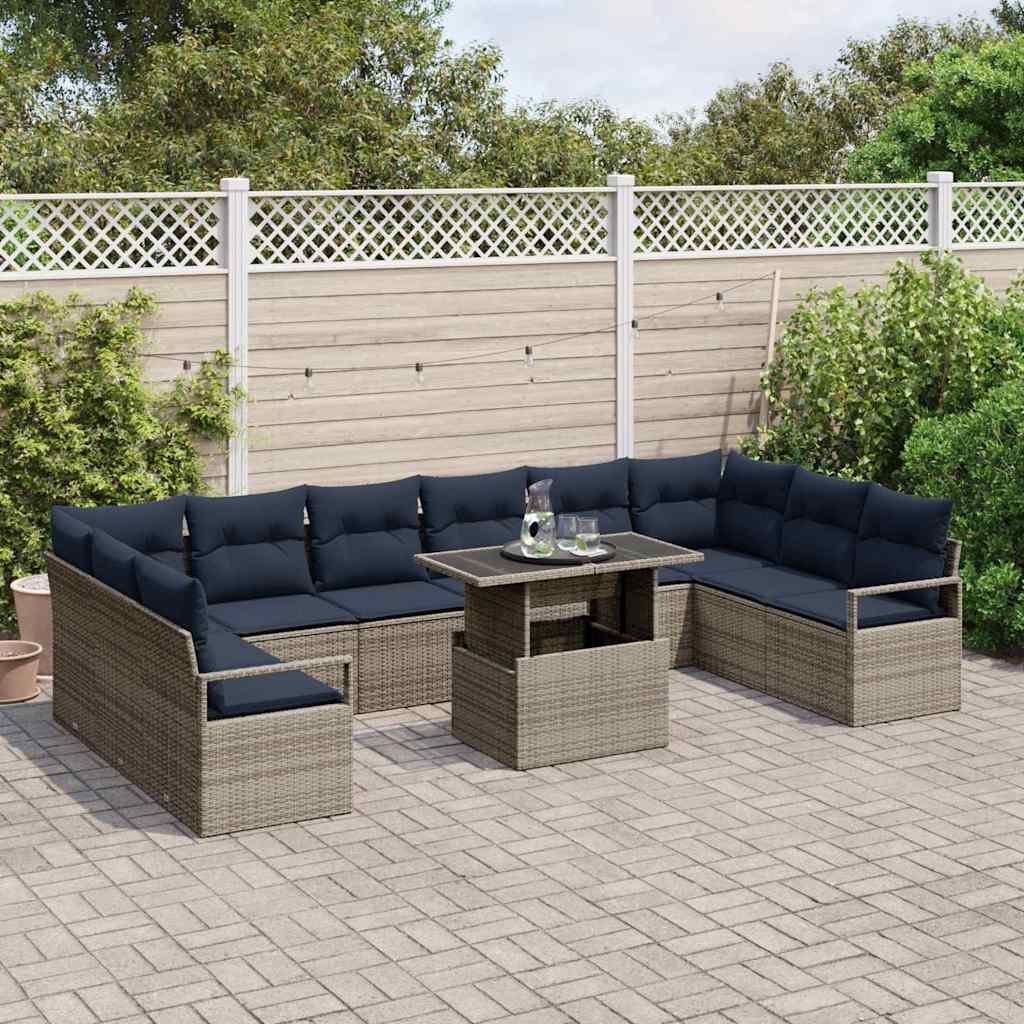 Havesofa Sæt med pude 11 pcs Grå og Marineblå polyrattan