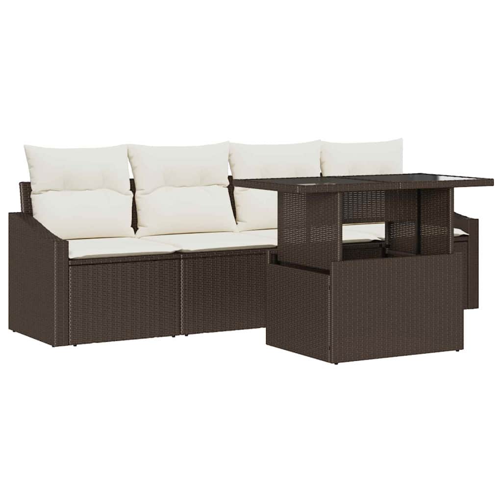 Havesofa Sæt med pude 5 pcs Brun og Creme polyrattan
