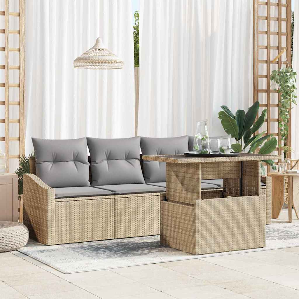 Havesofa Sæt med pude 5 pcs beige og lysegrå polyrattan