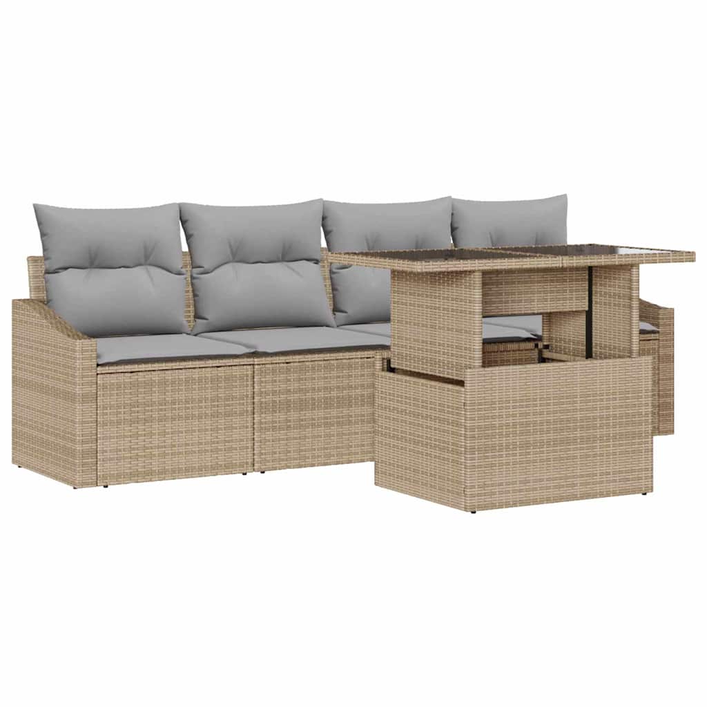 Havesofa Sæt med pude 5 pcs beige og lysegrå polyrattan