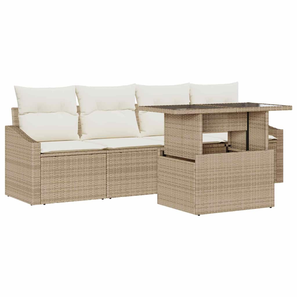 Havesofa Sæt med pude 5 pcs beige og cremefarvet polyrattan