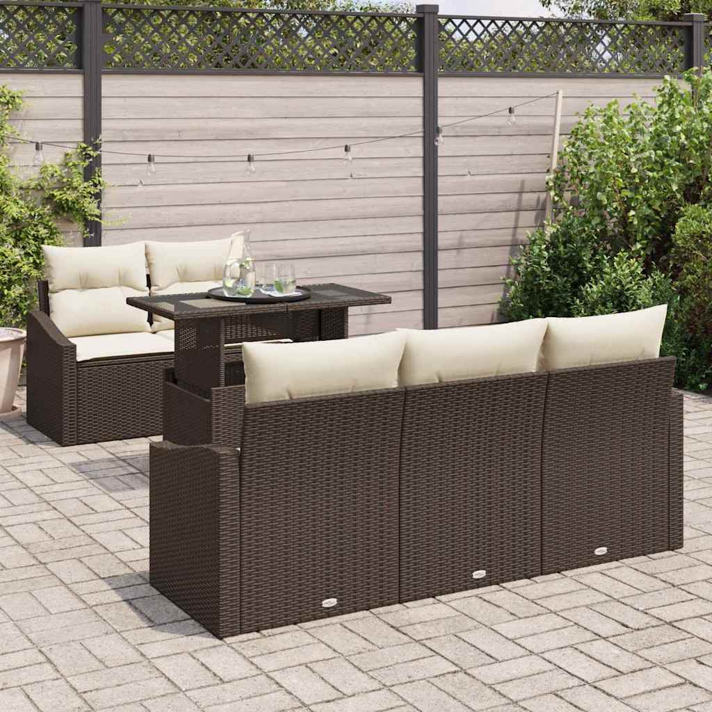 Havesofa Sæt med pude 6 pcs Brun og cremefarvet polyrattan