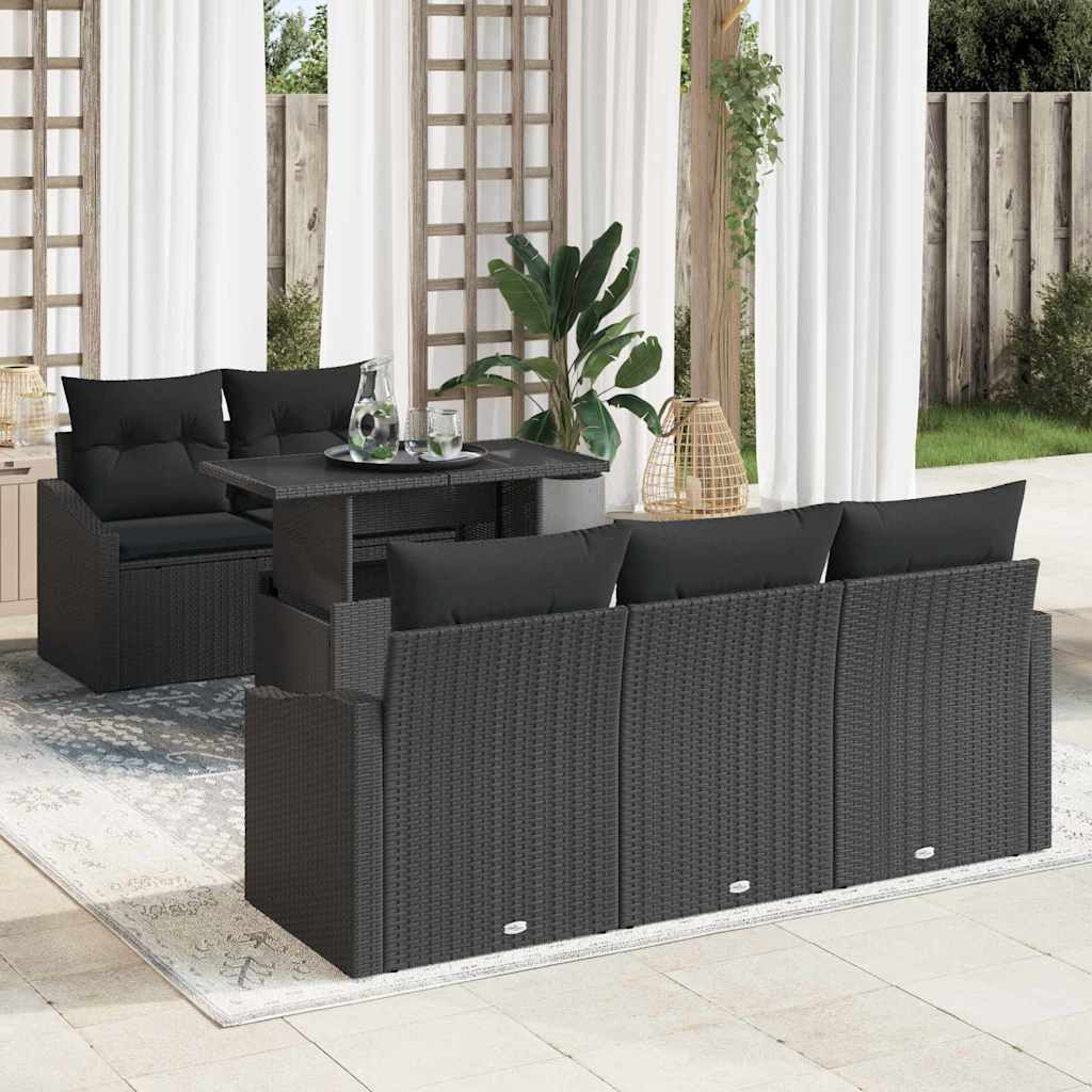 Havesofa Sæt med opbevaring med pude 6 pcs Sort polyrattan