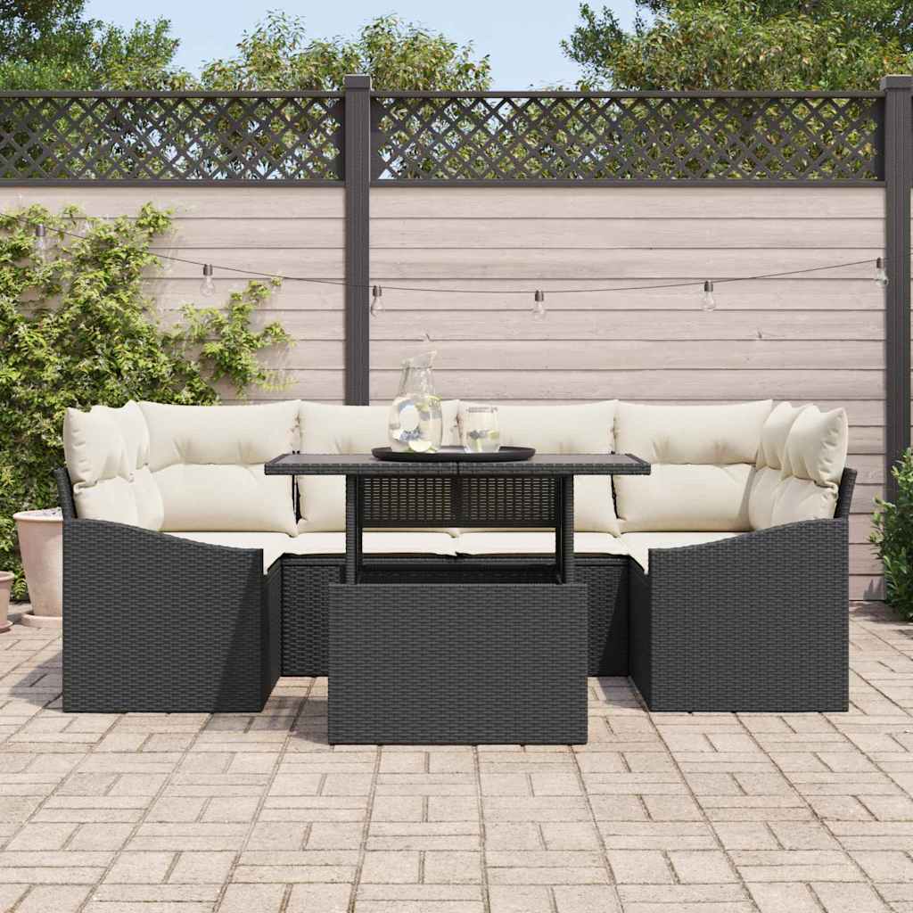 Havesofa Sæt med pude 7 pcs Sort og cremefarvet polyrattan