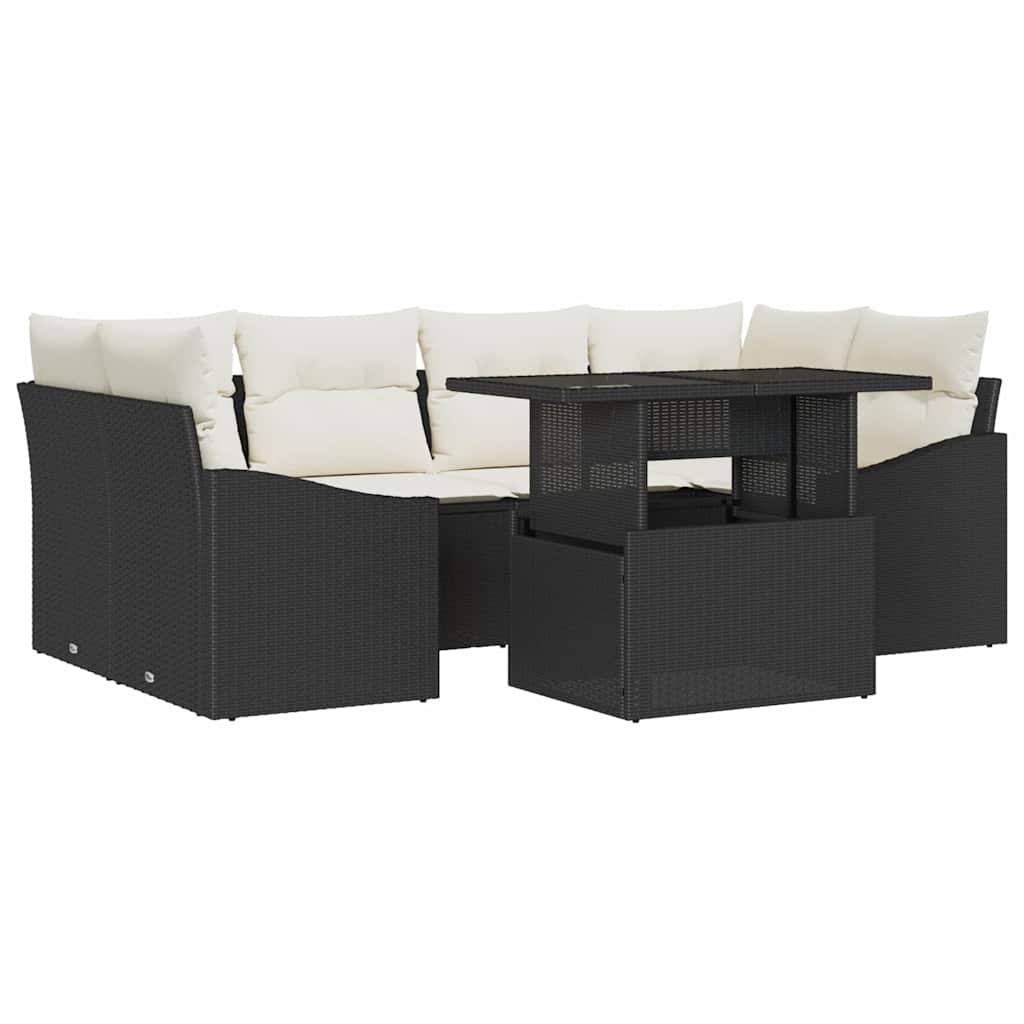 Havesofa Sæt med pude 7 pcs Sort og cremefarvet polyrattan