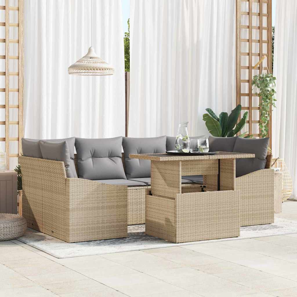 Havesofa Sæt med pude 7 pcs beige og lysegrå polyrattan