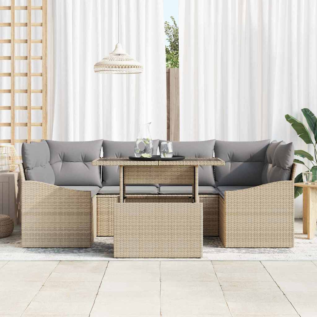 Havesofa Sæt med pude 7 pcs beige og lysegrå polyrattan