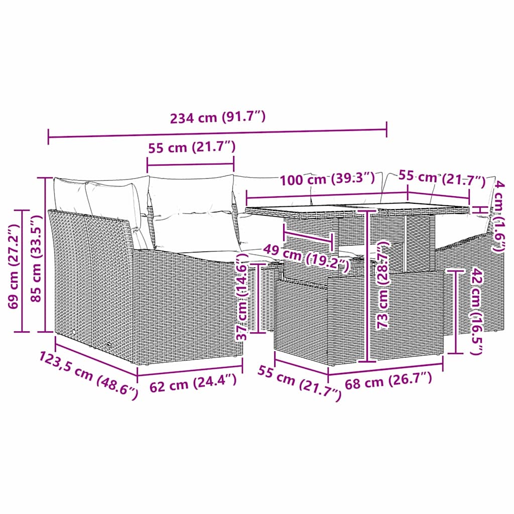 Havesofa Sæt med pude 7 pcs beige og lysegrå polyrattan