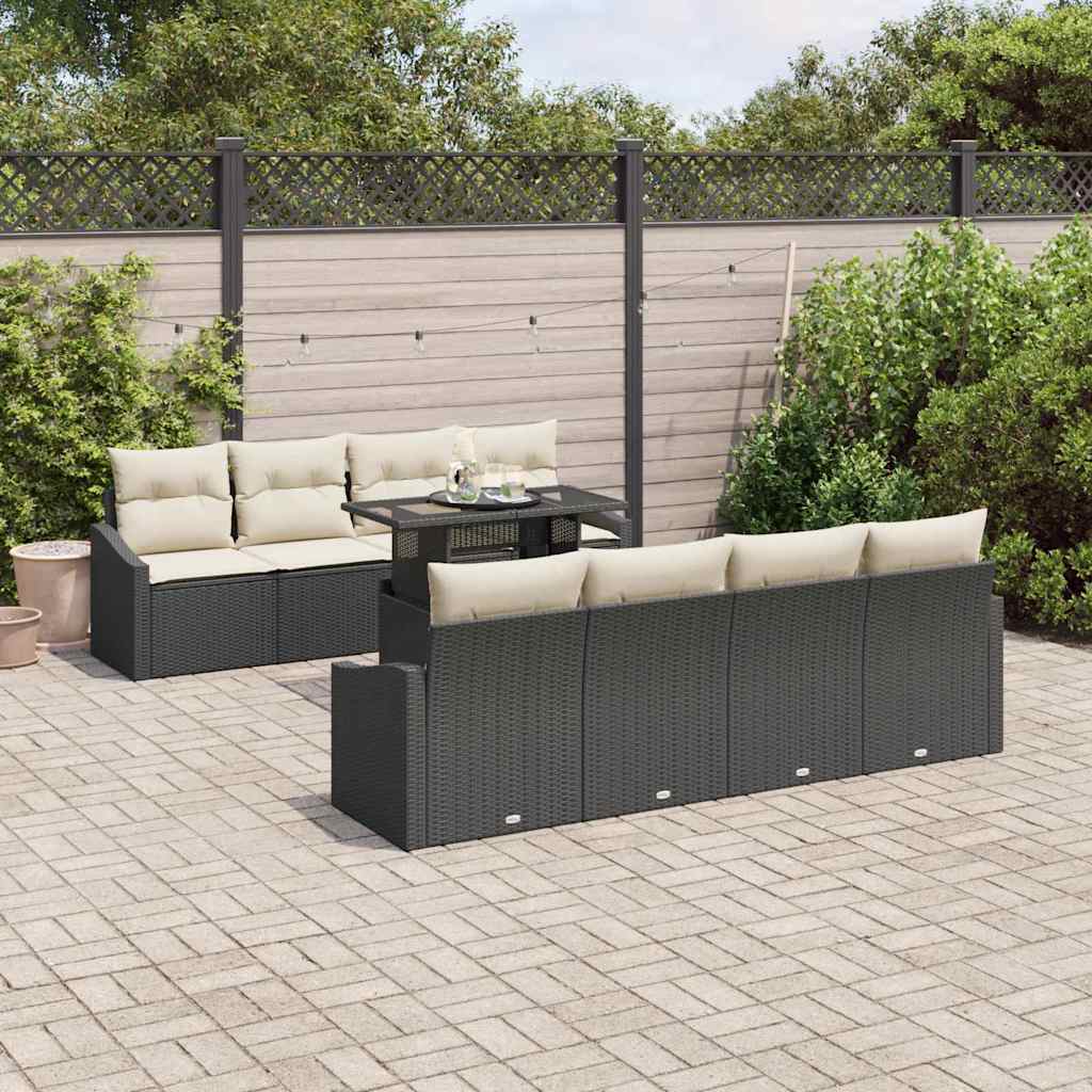 Havesofa Sæt med pude 7 pcs Sort og cremefarvet polyrattan
