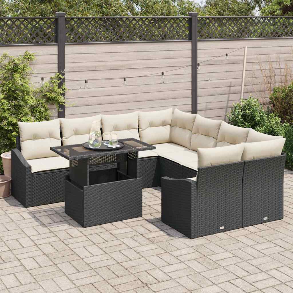 Havesofa Sæt med pude 9 pcs Sort og Cream polyrattan