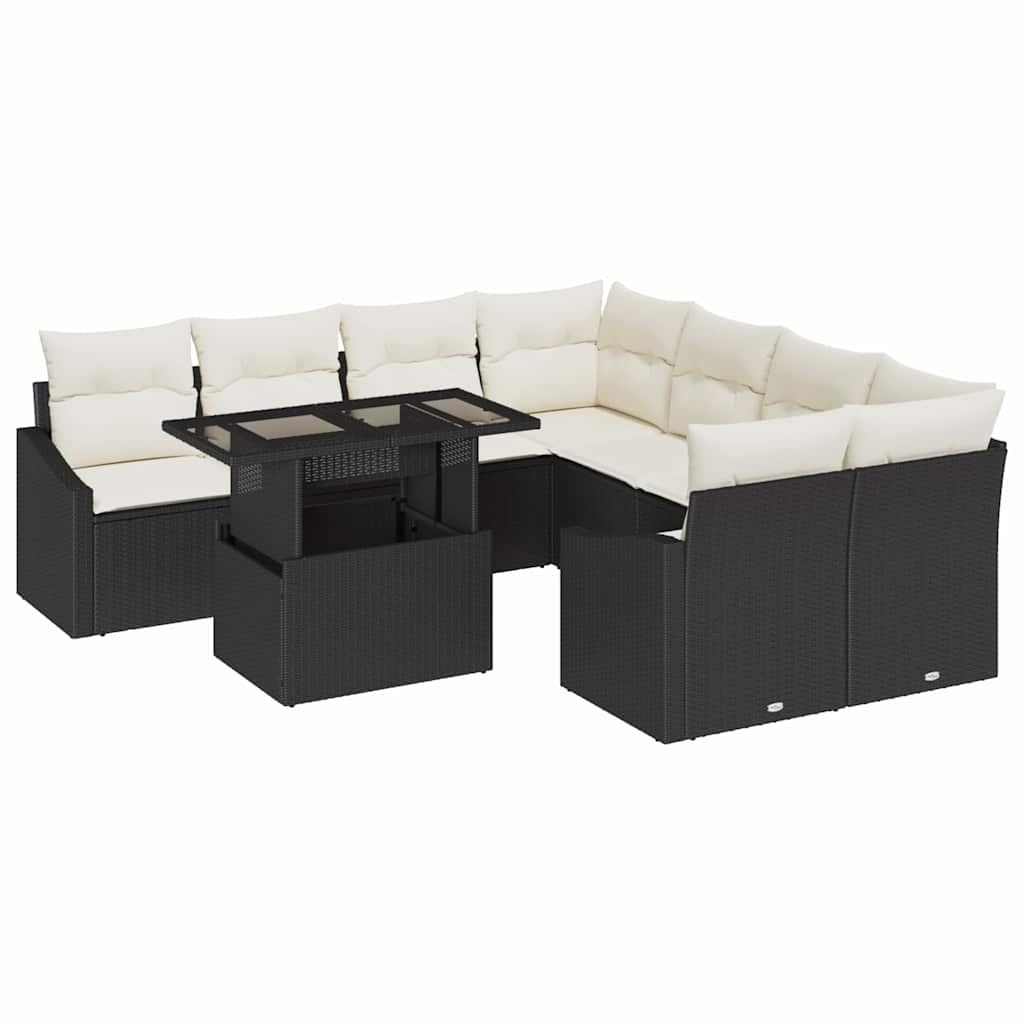 Havesofa Sæt med pude 9 pcs Sort og Cream polyrattan