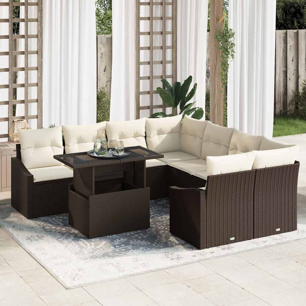 Havesofa Sæt med pude 9 pcs Brun og Creme polyrattan
