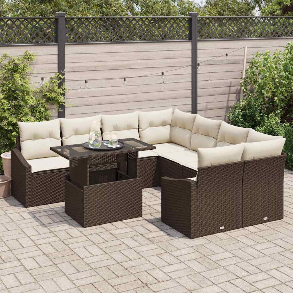 Havesofa Sæt med pude 9 pcs Brun og Creme polyrattan