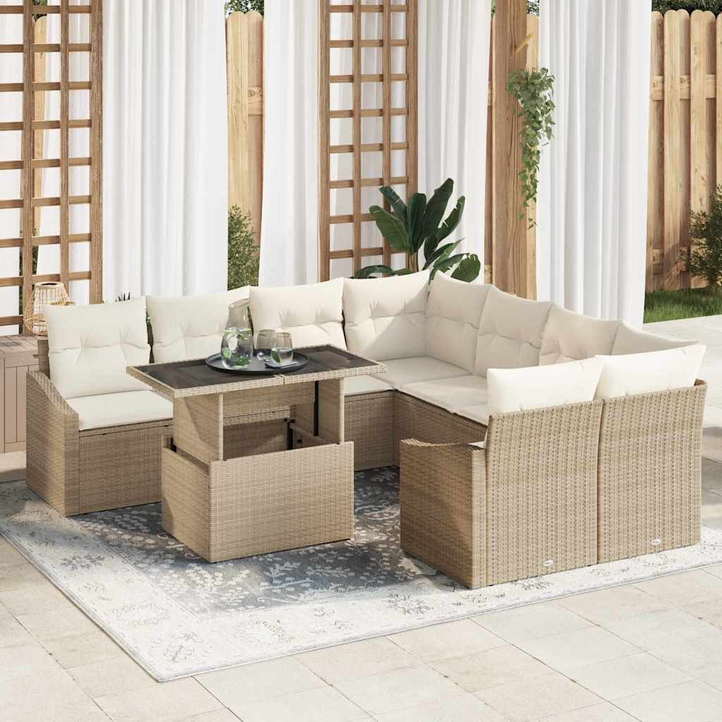Havesofa Sæt med pude 9 pcs Beige og creme polyrattan