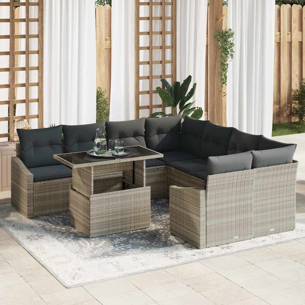 Havesofa Sæt med pude 9 pcs Lysegrå polyrattan