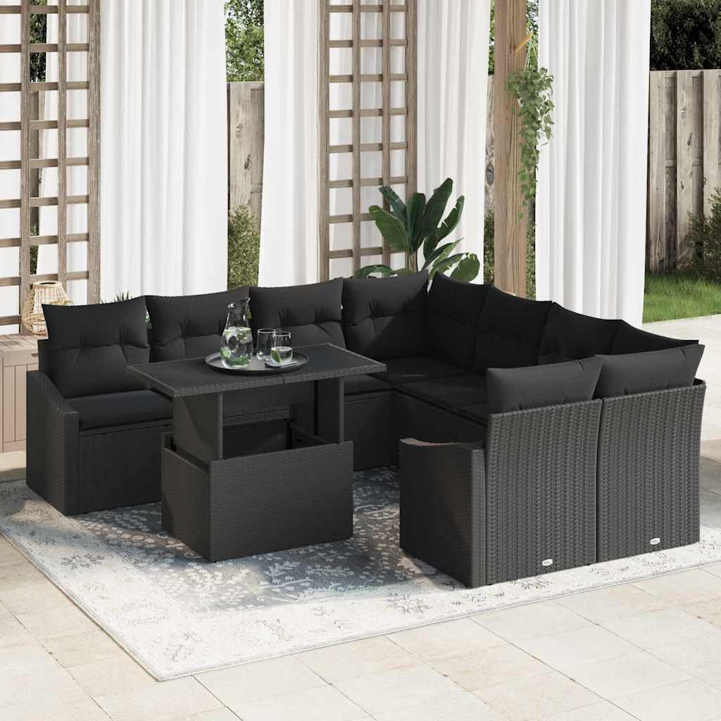 Havesofa Sæt med pude 9 pcs Sort polyrattan