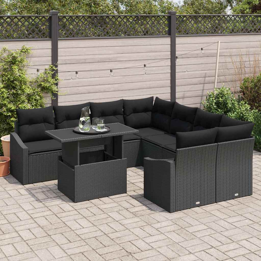 Havesofa Sæt med pude 9 pcs Sort polyrattan