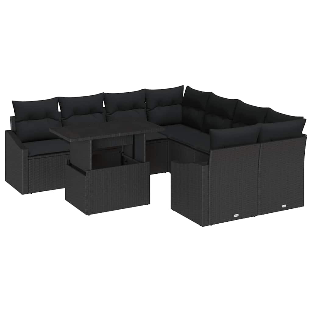 Havesofa Sæt med pude 9 pcs Sort polyrattan