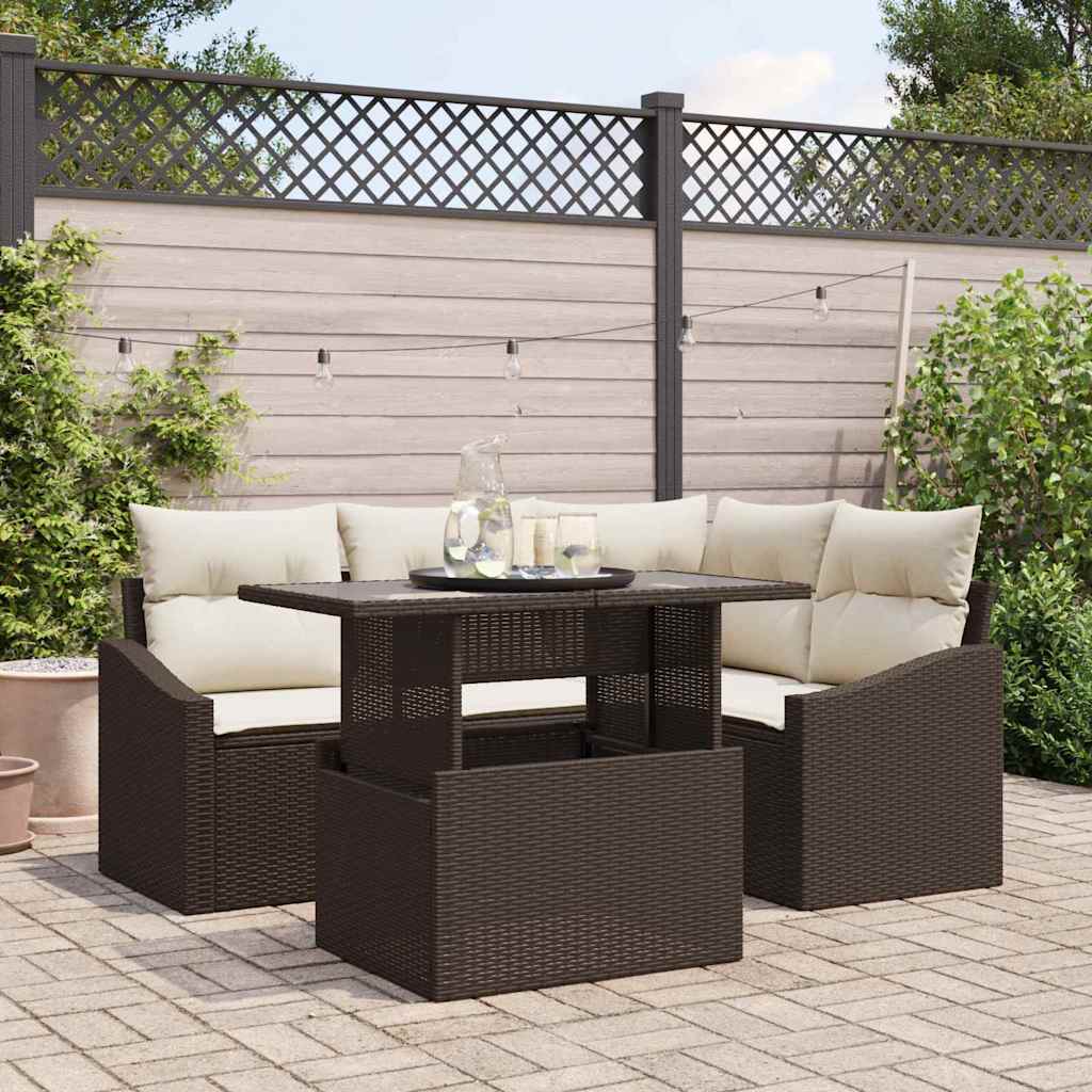 Havesofa Sæt med pude 5 pcs Brun og Creme polyrattan